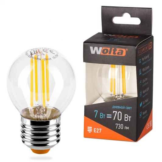 25S45GLFT7E27 Светодиодная лампа FILAMENT 7Вт 4000K Е27 Wolta 25S45GLFT7E27