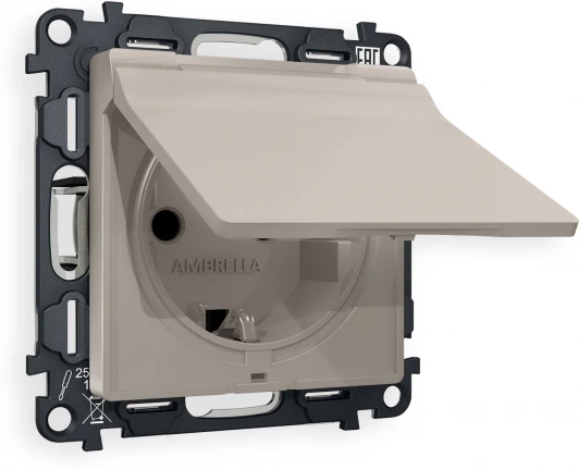 MA368010 Комплект механизма Ambrella Volt электрической розетки ALFA MA368010 Серо-бежевый матовый с заземлением со шторками и защитной крышкой 2P+E 16A-250V IP44 QUANT