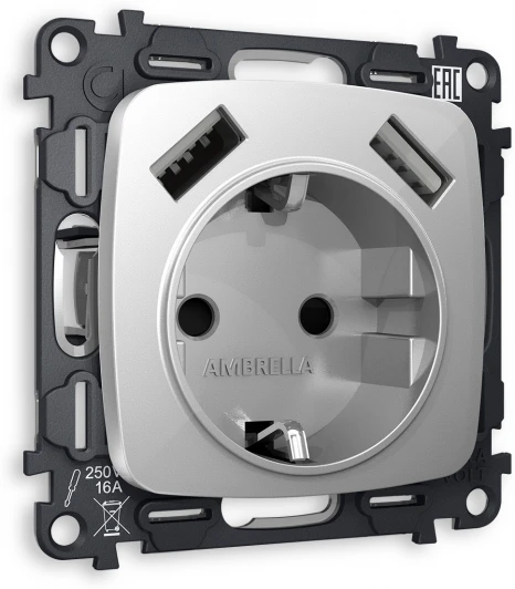 MO409010 Комплект механизма Ambrella Volt электрической розетки OMEGA MO409010 Серебро глянец 2USB A+A 18W быстрая зарядка с заземлением и шторками 2P+E 16A-250V QUANT