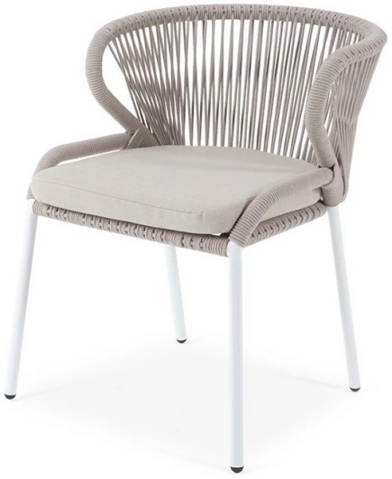 MIL-CH-001 W Mua beige(beige052) "Милан" стул плетеный из роупа, каркас алюминий белый муар, роуп бежевый круглый, ткань бежевая 052 4SIS арт.УТ-00008596