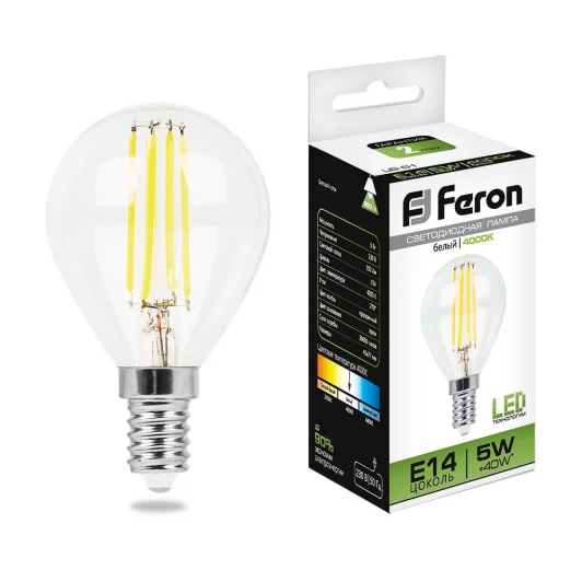25579 Лампочка светодиодная филаментная E14 5 Вт 550 lm 4000K нейтральное белое свечение Feron 25579