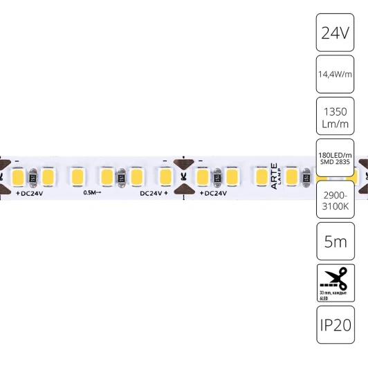 A2418008-01-3K Светодиодная лента 24V 14,4W/m 3000К 5м Arte Lamp Tape A2418008-01-3K