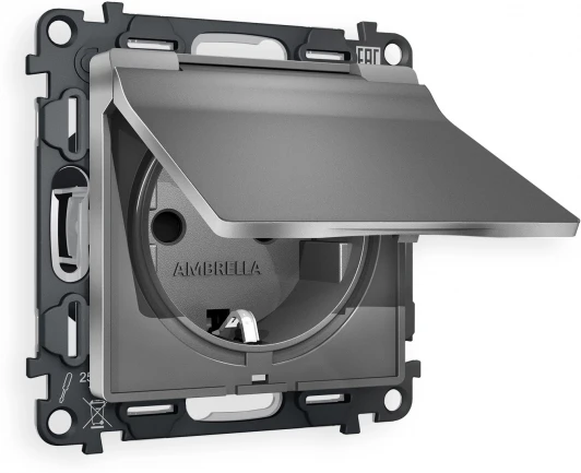 MA658010 Комплект механизма Ambrella Volt электрической розетки ALFA MA658010 Антрацит серый с заземлением с шторками и защитной крышкой 2P+E 16A-250V IP44 QUANT