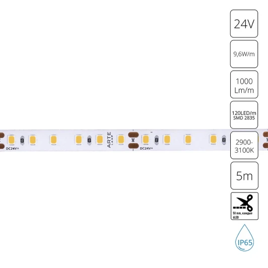 A2412008-04-3K Светодиодная лента 24V 9,6W/m 3000К 5м Arte Lamp Aqua Tape A2412008-04-3K