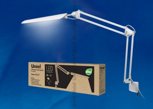 TLD-524 White/LED/500Lm/4500K/Dimmer Офисная настольная лампа на струбцине Uniel TLD-524 White/LED/500Lm/4500K/Dimmer (220V, диммер, сенсорный выключатель)