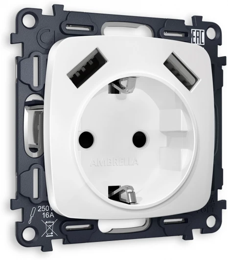 MO129010 Комплект механизма Ambrella Volt электрической розетки OMEGA MO129010 Белый матовый 2USB A+A 18W быстрая зарядка с заземлением со шторками 2P+E 16A-250V QUANT