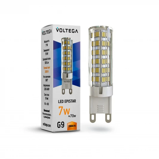 7036 Лампочка светодиодная капсульная прозрачная колба G9 7 Вт 530 lm 2800K теплое желтое свечение Voltega Simple 7036