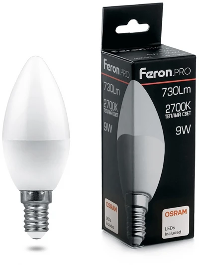 38059 Лампочка светодиодная белая свеча E14 9W Feron 38059