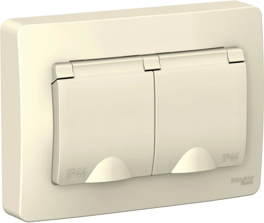 BLNRS441122 Розетка встраиваемая двойная с заземлением, шторками и крышкой (молочный) IP44 Systeme Electric Blanca BLNRS441122