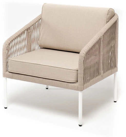 KAN-A-001 W Mua beige(beige15052) "Канны" кресло плетеное из роупа, каркас алюминий белый муар, роуп бежевый круглый, ткань бежевая 15052 4SIS арт.УТ-00009982