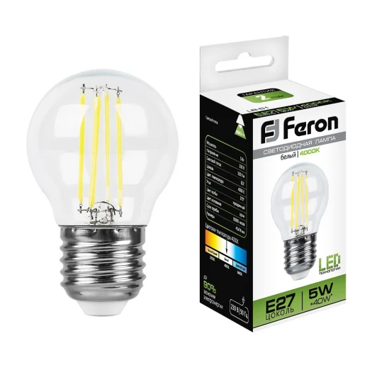 25582 Лампочка светодиодная филаментная E27 5 Вт 550 lm 4000K нейтральное белое свечение Feron 25582