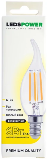 007090 Лампочка светодиодная филаментная E14 6Вт 3000K LEDS POWER 007090
