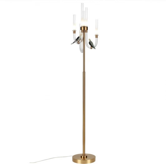 5431/12FL Торшер Odeon Light Lark 5431/12FL золотой(под латунь)/белый градиент/беж./зеленый/ металл/стекло/керамика LED 12W 4000K (220V, выключатель, птички)