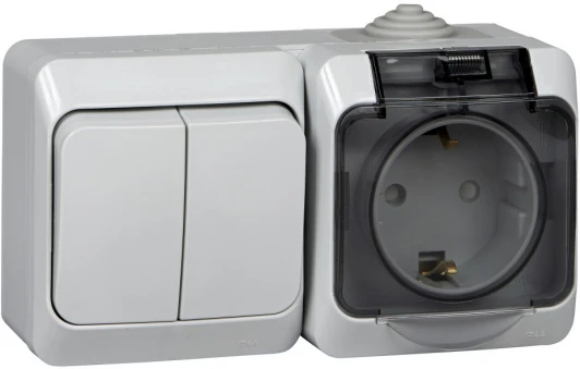 BPA16-242C Розетка накладная с заземлением и крышкой с двухклавишным выключателем (серый) Systeme Electric Etude BPA16-242C