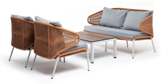 MILS2C2TJ-4-SET mel-orange "Милан" лаунж-зона 4-местная плетеная из роупа (веревки), каркас алюминиевый светло-серый, роуп оранжевый меланж 4SIS арт.УТ-00005966