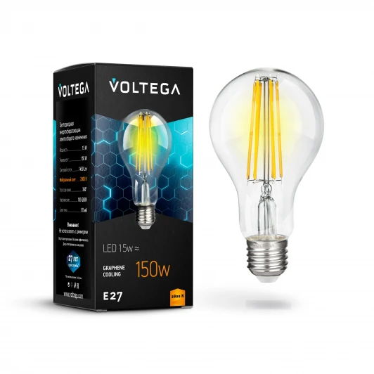 7104 Лампочка светодиодная филаментная E27 15 Вт 1450 lm 2800K теплое желтое свечение Voltega Crystal 7104