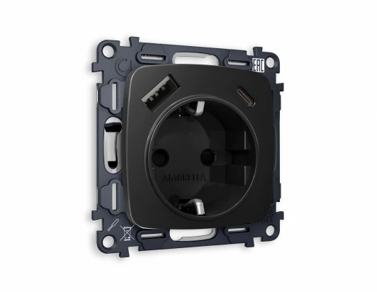 MO810010 Комплект механизма Ambrella Volt электрической розетки OMEGA MO810010 Черный матовый 2USB A+C 20W быстрая зарядка с заземлением и шторками 2P+E 16A-250V QUANT