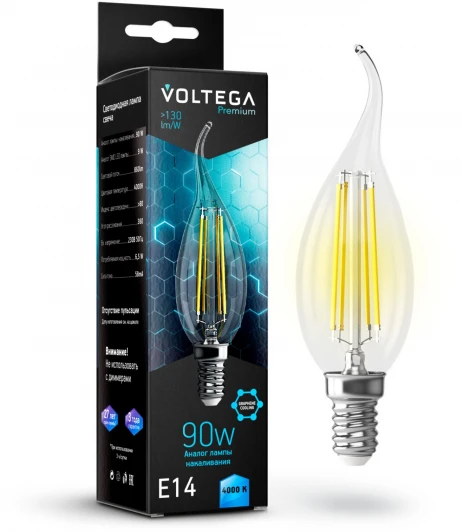 7133 Лампочка светодиодная свеча на ветру прозрачная E14 6,5W 220V 860 lm 4000K Voltega Candle wind 9W Graphene 7133