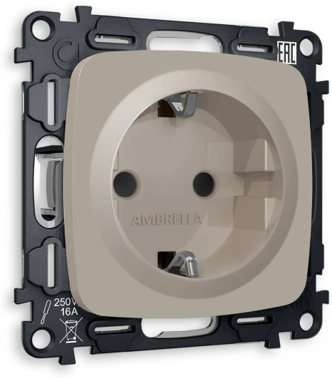 MO367010 Комплект механизма Ambrella Volt электрической розетки OMEGA MO367010 Серо-бежевый матовый с заземлением со шторками 2P+E 16A-250V QUANT