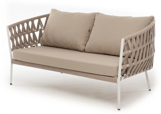 DIE-S-2-001 W Mua beige(beige035) "Диего" диван 2-местный плетеный из роупа, каркас алюминий белый муар, роуп бежевый круглый, ткань бежевая 035 4SIS арт.УТ-00006212