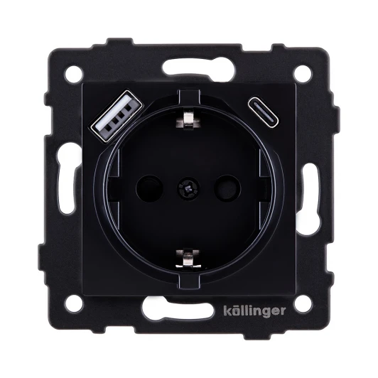 REA-004BK Розетка штепсельная SCHUKO 16A/250 В с USB A+C 20W, черный Kollinger REA-004BK для Aspekt, Eleganz, Reflex