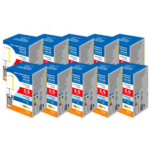 LED-G45-5,5W/4000K/E14/CL/SLF Набор из 10штук Лампа светодиодная Volpe Optima Филамент LED-G45-5,5W/4000K/E14/CL/SLF Набор из 10штук шар прозрачная белый свет 4000K