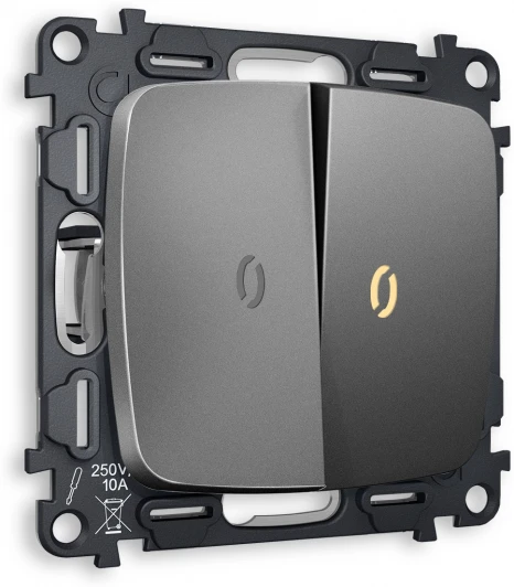 MO654030 Комплект механизма Ambrella Volt 2-клавишного проходного выключателя с подсветкой 3200K OMEGA MO654030 Антрацит серый QUANT