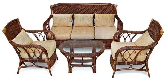 7316 Комплект для отдыха "ANDREA" (диван + 2 кресла + журн. столик со стеклом + подушки) Pecan Washed (античн. орех)