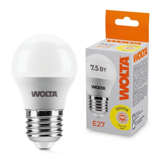 25Y45GL7.5E27 Светодиодная лампа 7.5Вт 3000K E27 Wolta 25Y45GL7.5E27