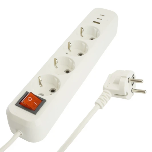 50139 Удлинитель 4-х местный с заземлением USB Type-A + 2хUSB Type-С 2 метра (белый) Stekker Home 50139