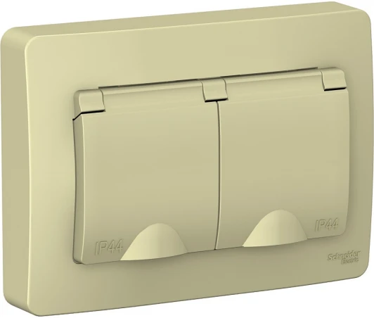 BLNRS441127 Розетка встраиваемая двойная с заземлением, шторками и крышкой (бежевый) IP44 Systeme Electric Blanca BLNRS441127