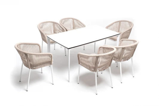 MAL-CM6T1-7-SET beige Обеденная группа на 6 персон со стульями Марсель, каркас белый, роуп бежевый 4SIS Малага MAL-CM6T1-7-SET beige