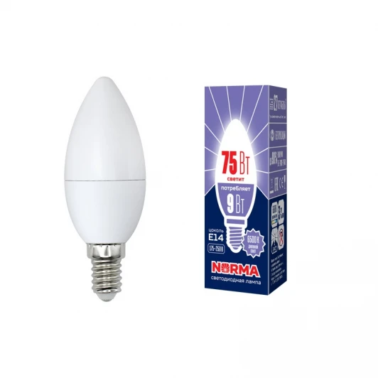 LED-C37-9W/DW/E14/FR/NR картон Лампочка светодиодная свеча белая E14 9W 6500K Volpe LED-C37-9W/DW/E14/FR/NR