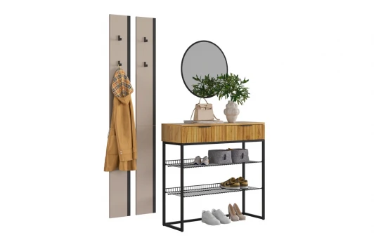 ПК0020Мебельсон.3569 Прихожая "Мебельсон К20" (1502х335х1750) Mebelson (ЛДСП,Пластик,Металл,Зеркало,МДФ/Бежевый,Дуб крафт золотой,Черный) арт.ПК0020Мебельсон.3569