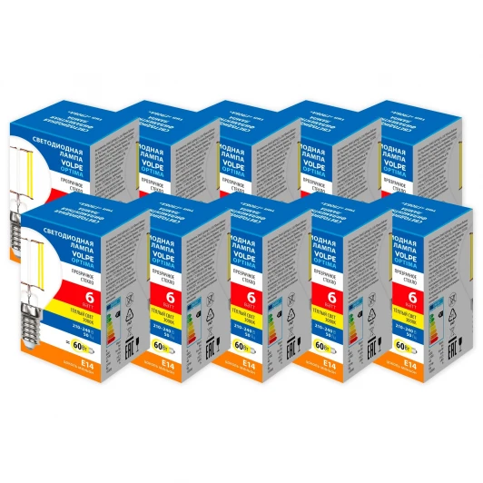 LED-G45-6W/3000K/E14/CL/SLF Набор из 10штук Лампа светодиодная Volpe Optima Филамен LED-G45-6W/3000K/E14/CL/SLF Набор из 10штук шар прозрачная теплый белый свет 3000K