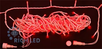 RL-S10C-24V-W/R Гирлянда светодиодная красная постоянного свечения 24B, 100 LED, провод белый, IP54 RL-S10C-24V-W/R Rich LED