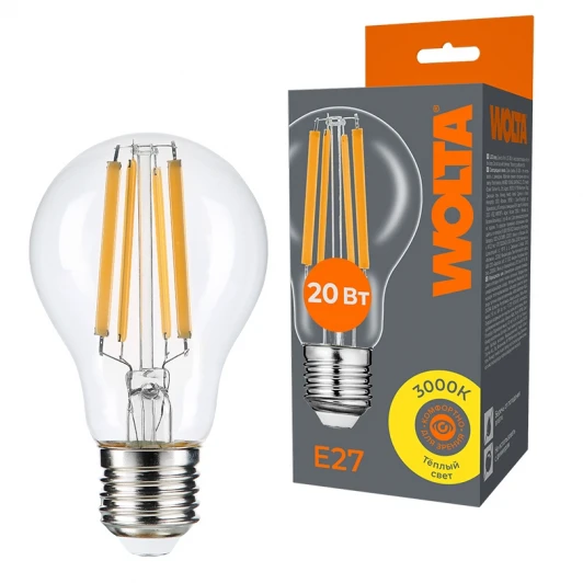 WF-A60-20W3KE27 Светодиодная лампа FILAMENT 20Вт 3000K Е27 Wolta WF-A60-20W3KE27