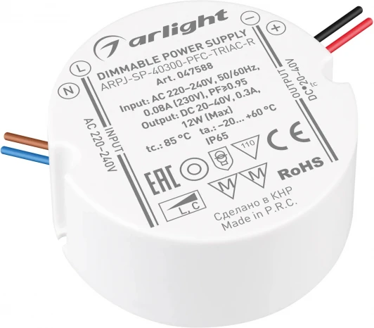 047588 Блок питания ARPJ-SP-40300-PFC-TRIAC-R (12W, 20-40V, 300mA) (Arlight, IP65 Пластик, 5 лет) 047588