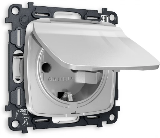 MO408010 Комплект механизма Ambrella Volt электрической розетки OMEGA MO408010 Серебро глянец с заземлением с шторками и защитной крышкой 2P+E 16A-250V IP44 QUANT