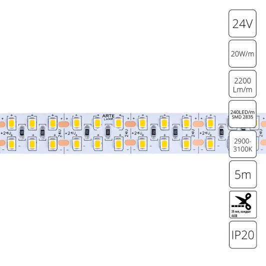 A2424015-01-3K Светодиодная лента 24V 20W/m 3000К 5м Arte Lamp Tape A2424015-01-3K