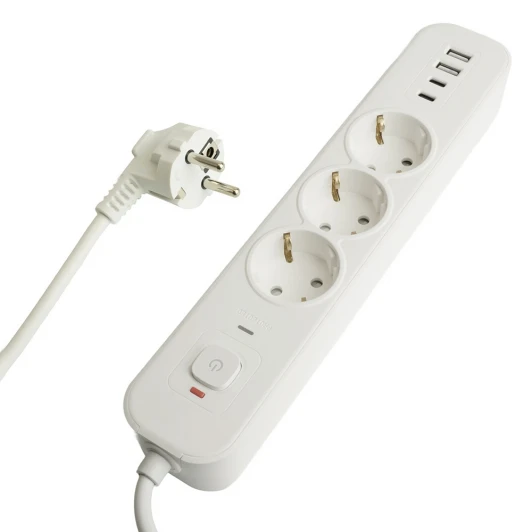 50101 Сетевой фильтр 3-х местный с заземлением 2хUSB Type-A + 2хUSB Type-С 5 метров (белый) Stekker Nova 50101