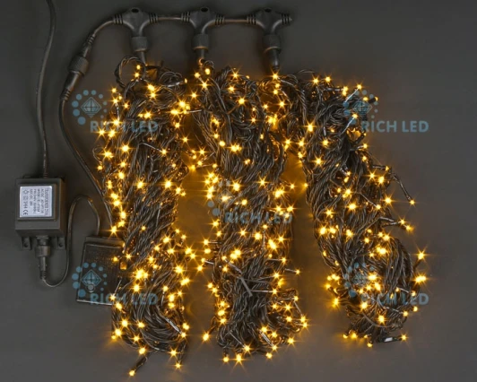 RL-T3*20N2-B/Y Гирлянда светодиодная желтая 8 режимов свечения 24B, 600 LED, провод черный, IP54 RL-T3*20N2-B/Y Rich LED