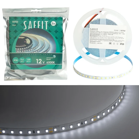 55242 Лента светодиодная Saffit SST02 55242 120SMD(2835)/м 9.6Вт/м 12V 5000*8*1.22мм 6500К, IP20