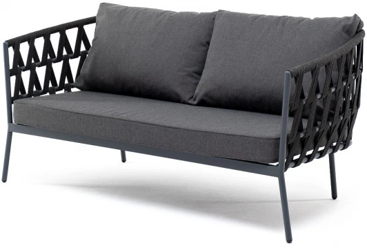 DIE-S-2-001 RAL7024 Mua D-grey(D-gray027) "Диего" диван 2-местный плетеный из роупа, каркас алюминий темно-серый (RAL7024) муар, роуп темно-серый круглый, ткань темно-серая 027 4SIS арт.УТ-00006825