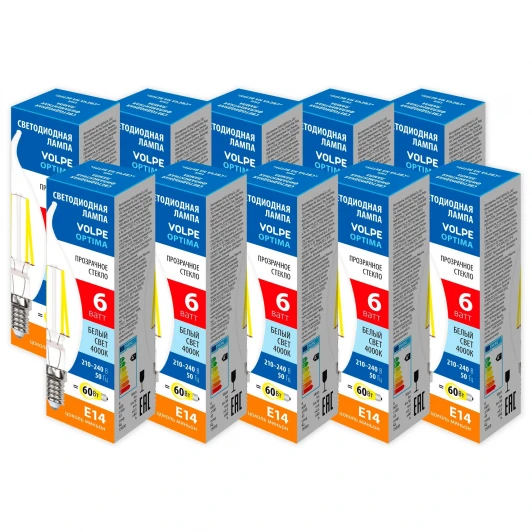 LED-CW35-6W/4000K/E14/CL/SLF Набор из 10штук Лампа светодиодная Volpe Optima Филамент LED-CW35-6W/4000K/E14/CL/SLF Набор из 10штук свеча на ветру прозрачная белый свет 4000К