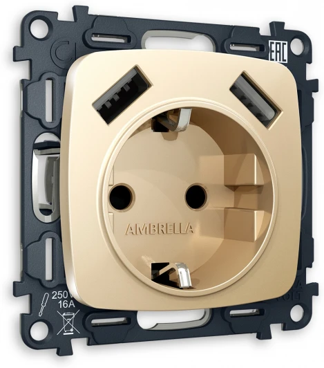 MO609010 Комплект механизма Ambrella Volt электрической розетки OMEGA MO609010 Шампань 2USB A+A 18W быстрая зарядка с заземлением и шторками 2P+E 16A-250V QUANT