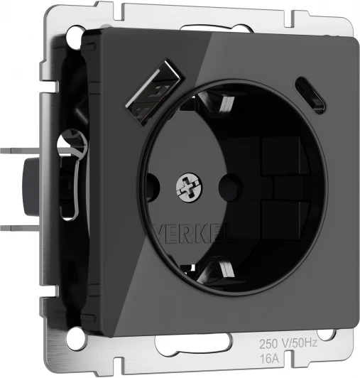 W1171748 Розетка с заземлением,шторками и USB Type A+С (черный акрил) Werkel W1171748 (a064044)