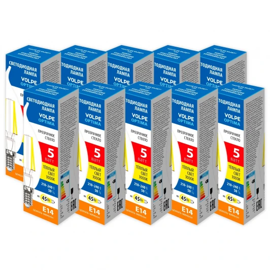 LED-CW35-5W/3000K/E14/CL/SLF Набор из 10штук Лампа светодиодная Volpe Optima Филамент LED-CW35-5W/3000K/E14/CL/SLF Набор из 10штук свеча на ветру прозрачная теплый белый свет 3000К