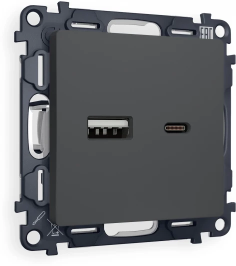 MA911010 Комплект механизма Ambrella Volt розетки ALFA MA911010 Графит мягкое касание 2USB A+C 20W быстрая зарядка QUANT