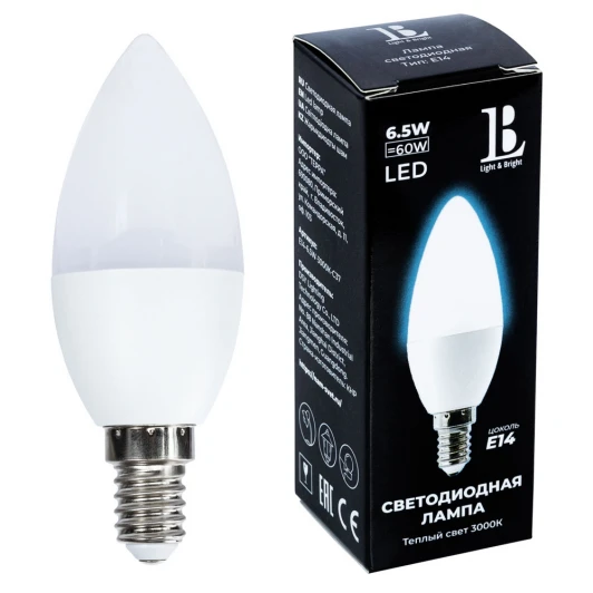 E14-6,5W-3000К-C37_lb Лампочка светодиодная свеча белая E14 6,5W 220V 520 lm 3000K теплый белый свет L&B E14-6,5W-3000К-C37_lb